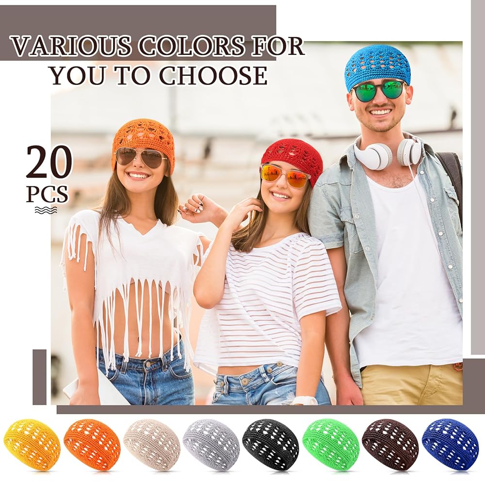 Suhine 20 Pcs Kufi Knit Hats Crochet Beanie Skull Caps